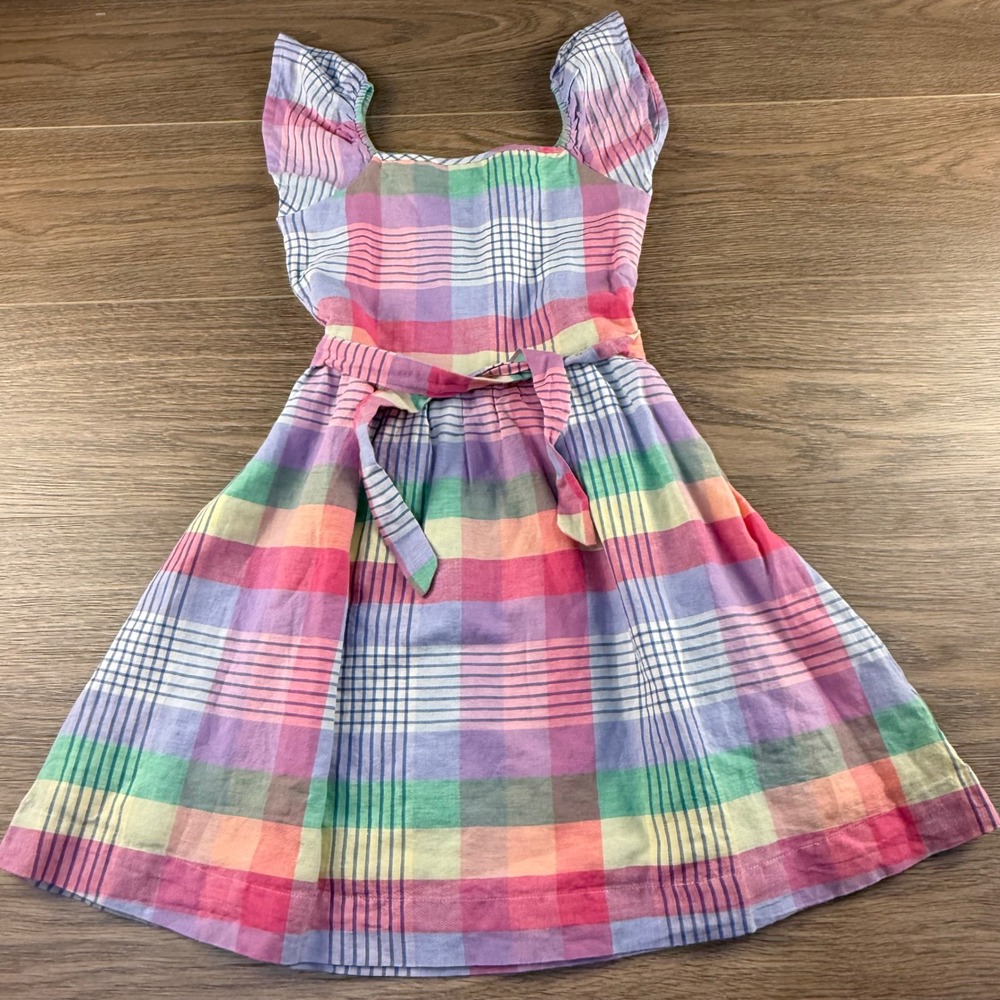 Gap Kids Pastel Plaid Linen Blend Dress Sz 8 Lined Adjustable Tie Spring Easter